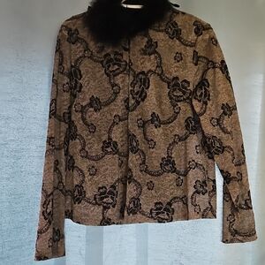 Elegant Black‎ and Brown Floral Jacket with Fur Collar